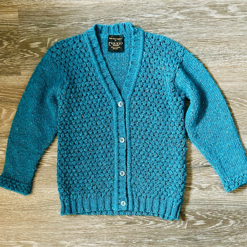 Vintage Triona Design Teal 100% Wool Cardigan from Donegal, Ireland – Size Small